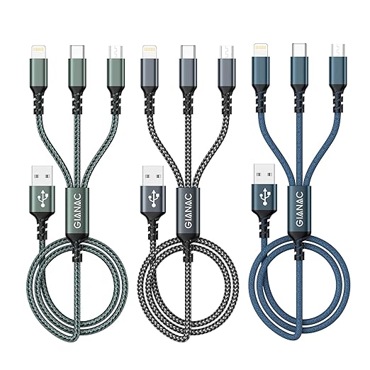 GIANAC 3 in 1 Multi USB Ladekabel 3x 1,2m mit Lightning, Micro USB & Typ C für iPhone, Android – GIA-H167